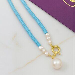 🆕Turquoise & Freshwater Pearls Beaded Necklace | 14K Gold Accents | Trendy Chic